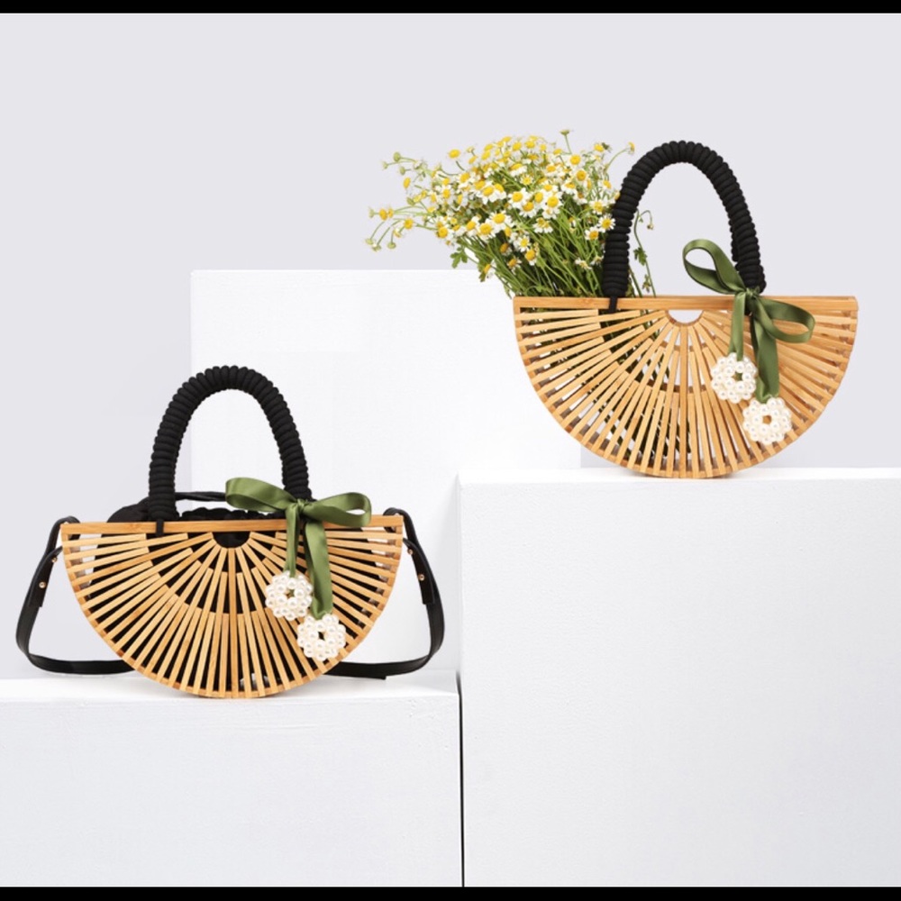 Black braided bamboo handbag with canvas bag